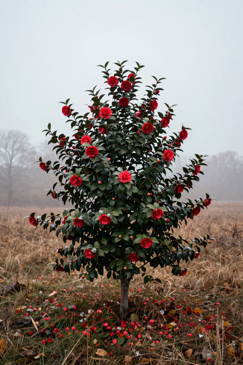 Red Camellia Flowers Snow Mist Dawn Hillah in in a bloom-heavy meadow near Hillah