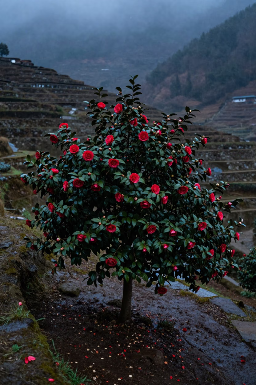 Red Camellias in Himalayan Terraced Garden Evening in among terraced garden plots in the Himalayas