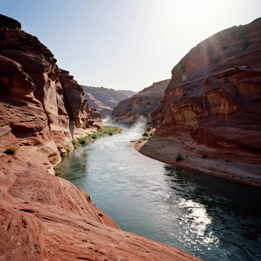 Red Canyon River Silhouetted in Desert Heat in across a wide valley floor near Abu Dhabi