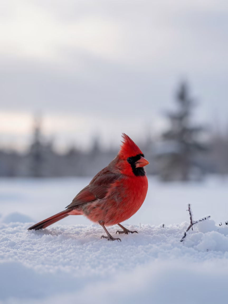 Red Cardinal Perched on Arctic Snow in Lapland in in Lapland
