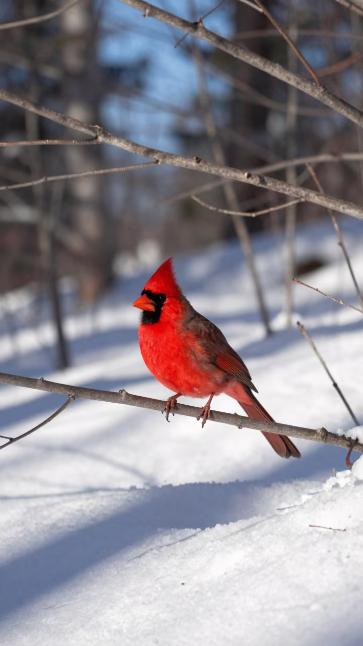 Red Cardinal Perched on Snowy Branch in beside a tidal inlet in Yukon