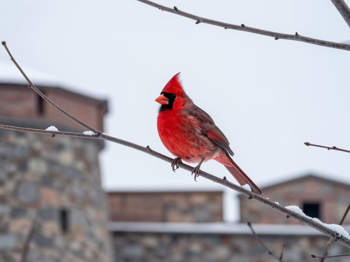 Red Cardinal Perched on Snowy Branch Near Suomenlinna in near Suomenlinna, Helsinki