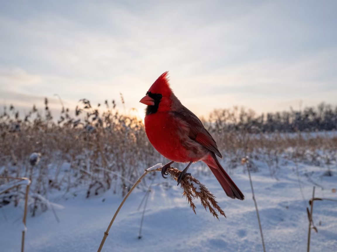 Red Cardinal Perched on Snowy Reed in Winter Sapporo in at the edge of a reed bed near Sapporo