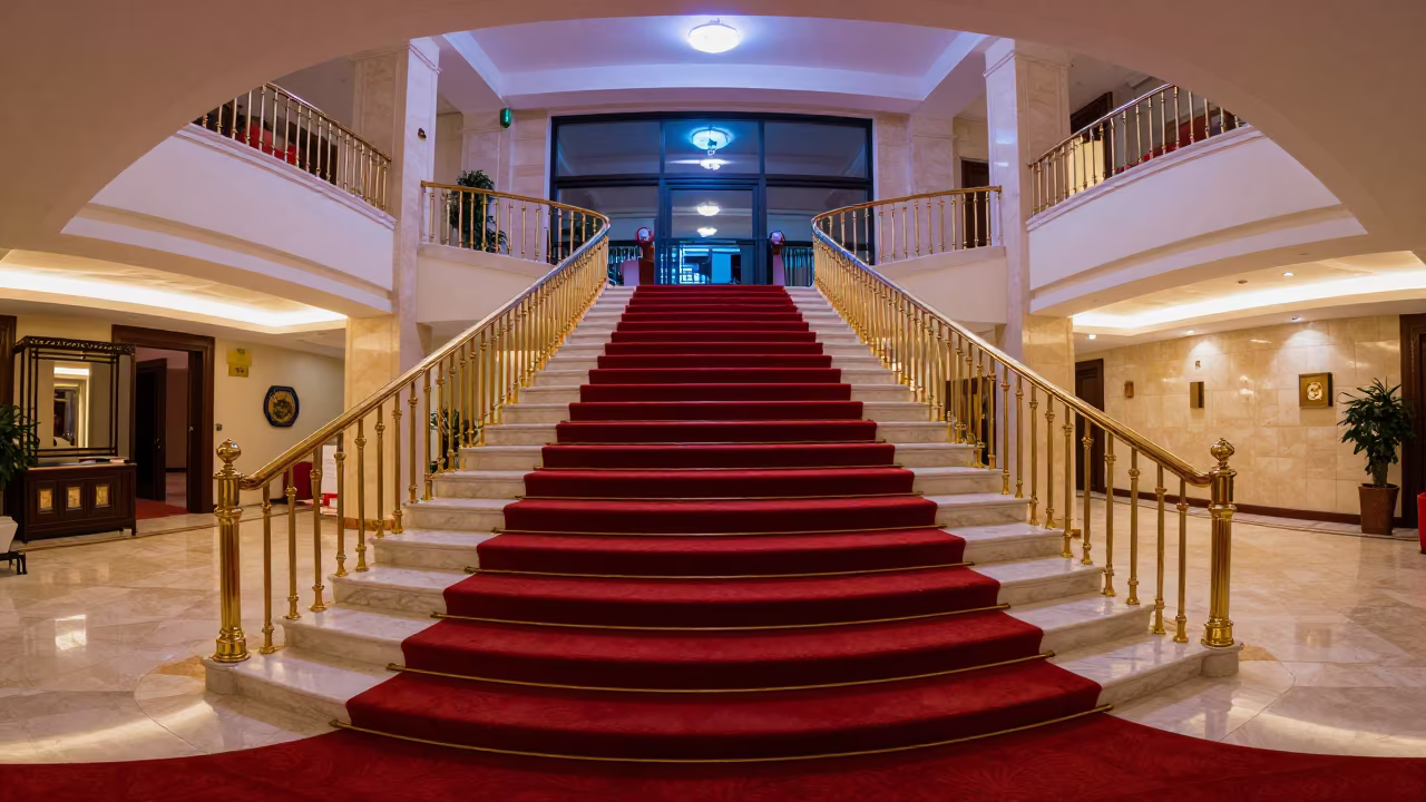 Red Carpet Staircase Neon Lobby Winter in beside a brass-railed staircase in a lobby atrium near Faiyum
