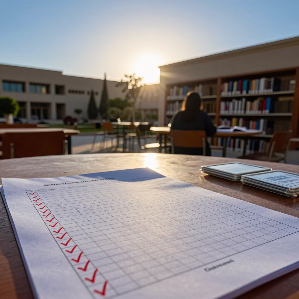 Red Checkmark Badge Box Library Reading Room in inside a campus library reading room near Shorouk