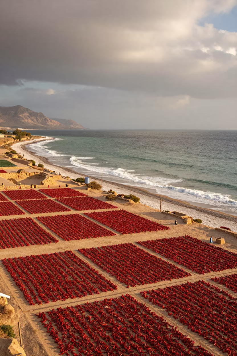 Red Chili Fields Drying Near Dead Sea Coast in far above surf-scalloped coastline in the Dead Sea