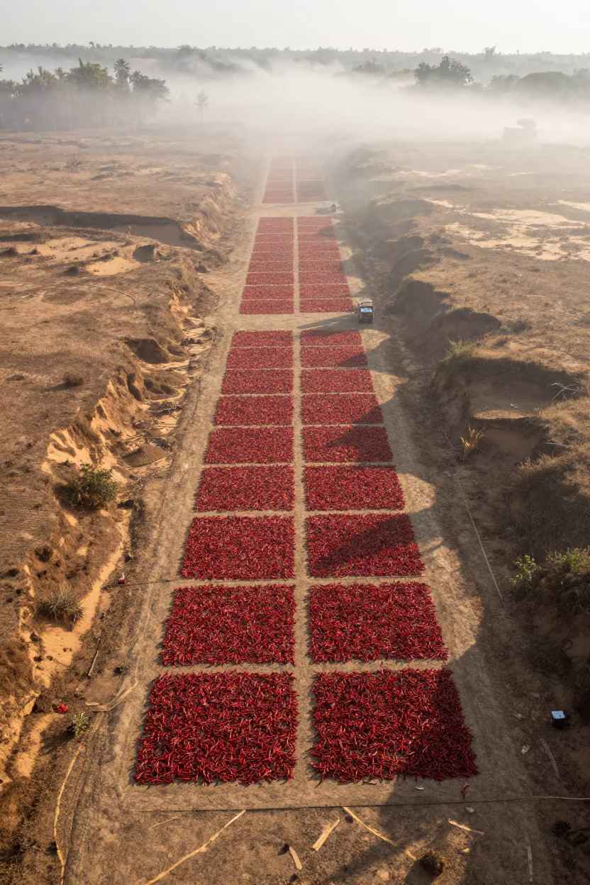 Red Chili Fields Above Trinidad Dunes at Dawn in above dune fields and dry wadis in Trinidad and Tobago