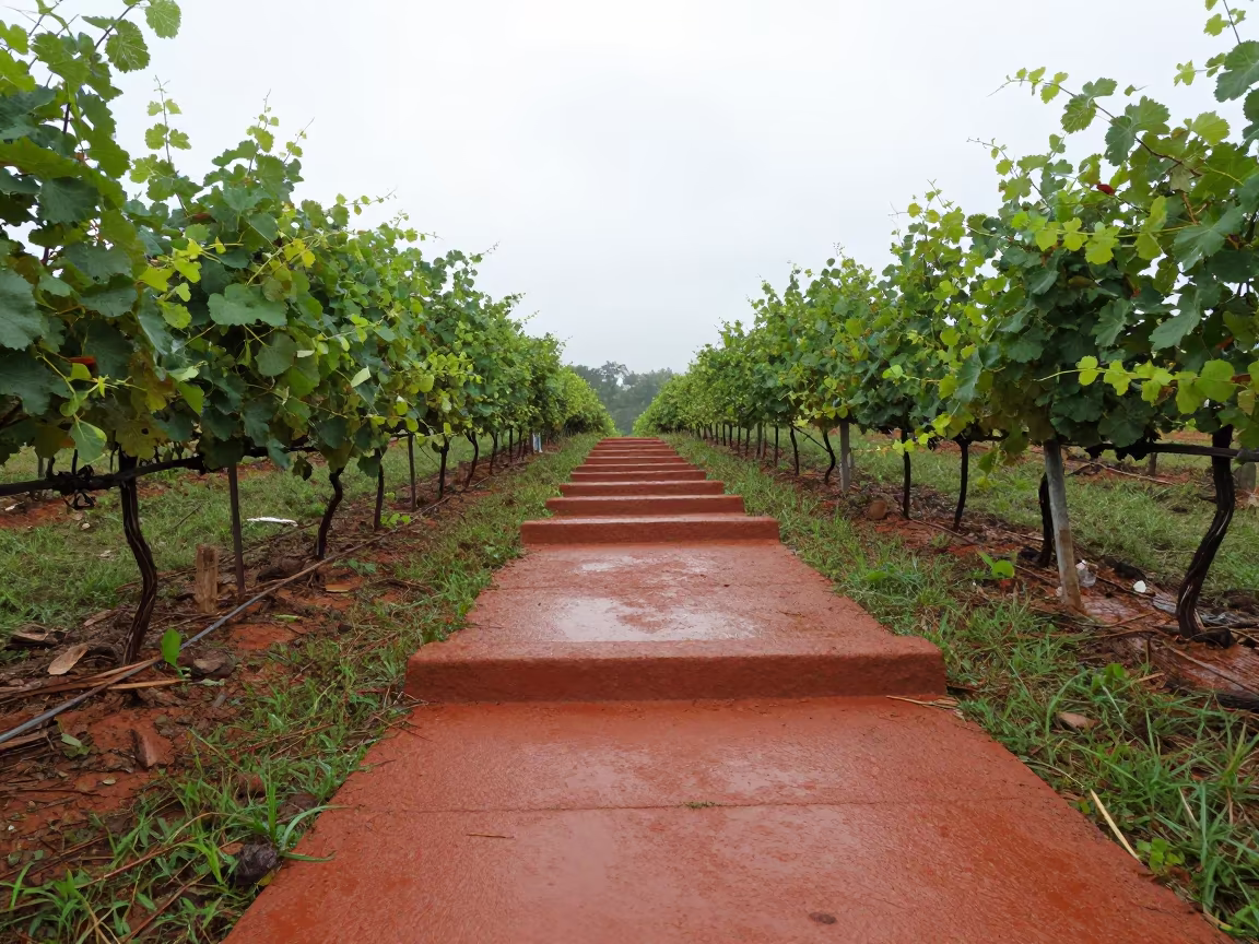 Red Clay Path Through Singapore Vineyard Rain in between vineyard trellises in Singapore
