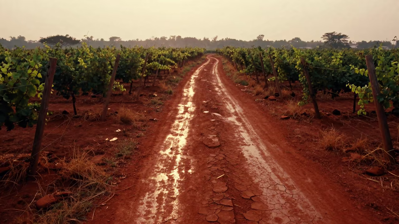 Red Clay Path Between Vineyard Trellises at Sunset in between vineyard trellises in Jakarta