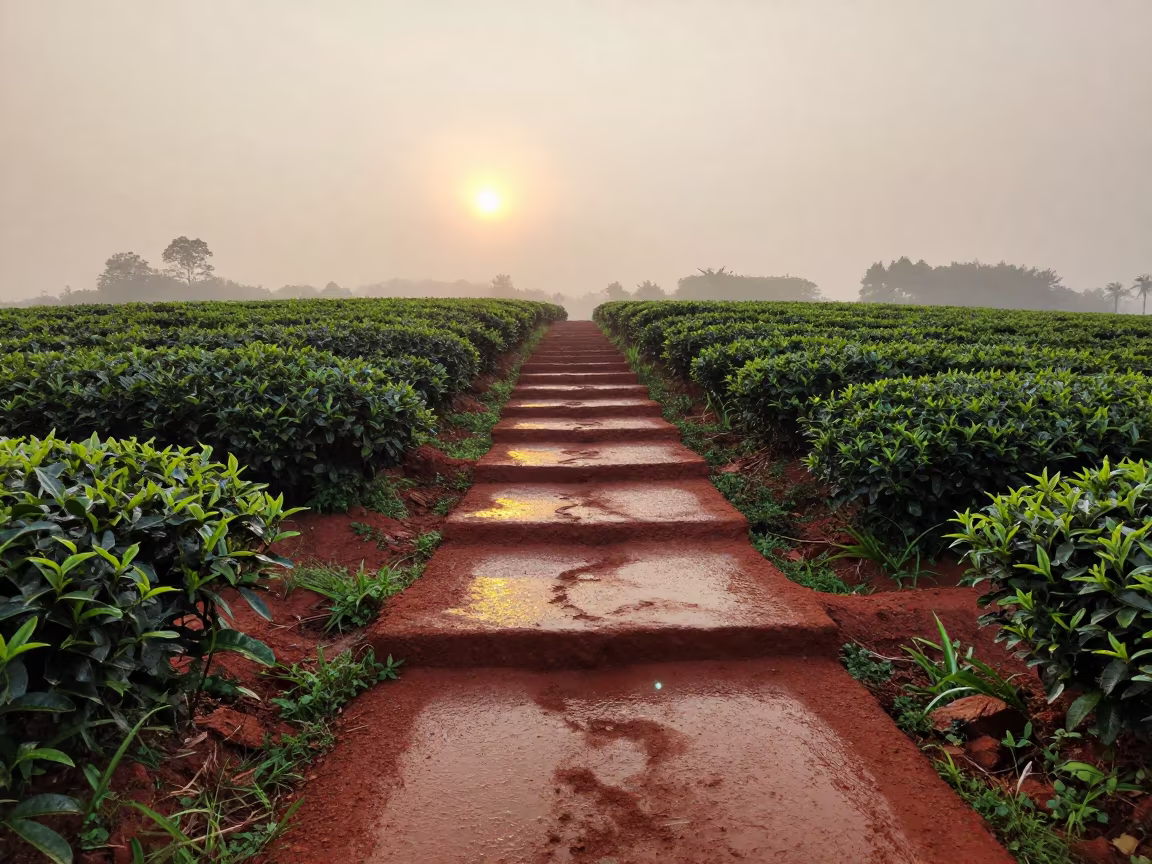 Red Clay Path Through Wet Tea Plantation at Dawn in between vineyard trellises in Kuala Lumpur