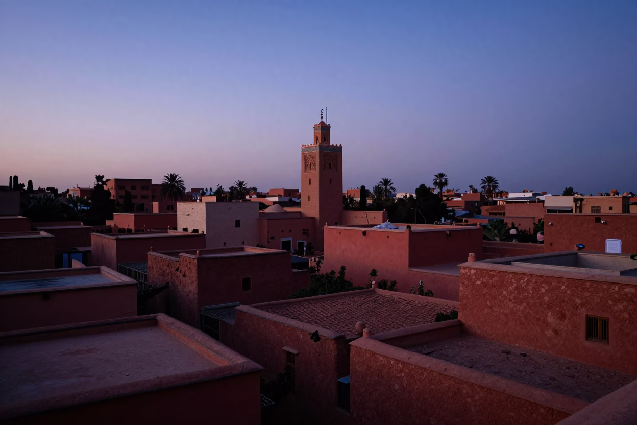 Red Clay Walls And Minaret Silhouette Before Sunrise in Marrakech in in Marrakech, Morocco
