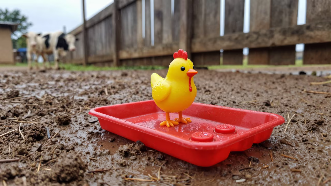 Red Clicker Tray on Muddy Paddock Fence Mali in along a muddy paddock fence in Mali
