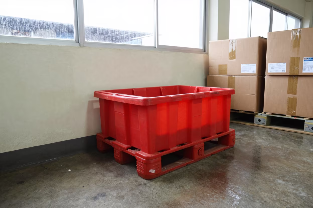 Red Clip Bin Dispatch Office Monsoon Light in inside a dispatch office above the dock near Antananarivo