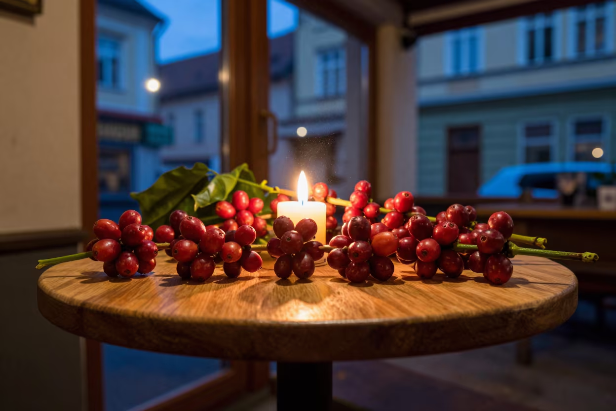 Red Coffee Cherries Candlelit Bucharest Cafe in on a small cafe table by a window in Bucharest