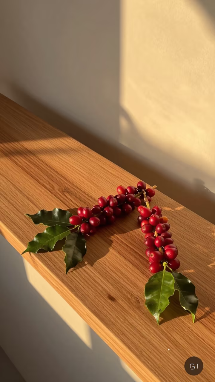 Red Coffee Cherries on Makeni Counter in at a coffee bar counter in Makeni
