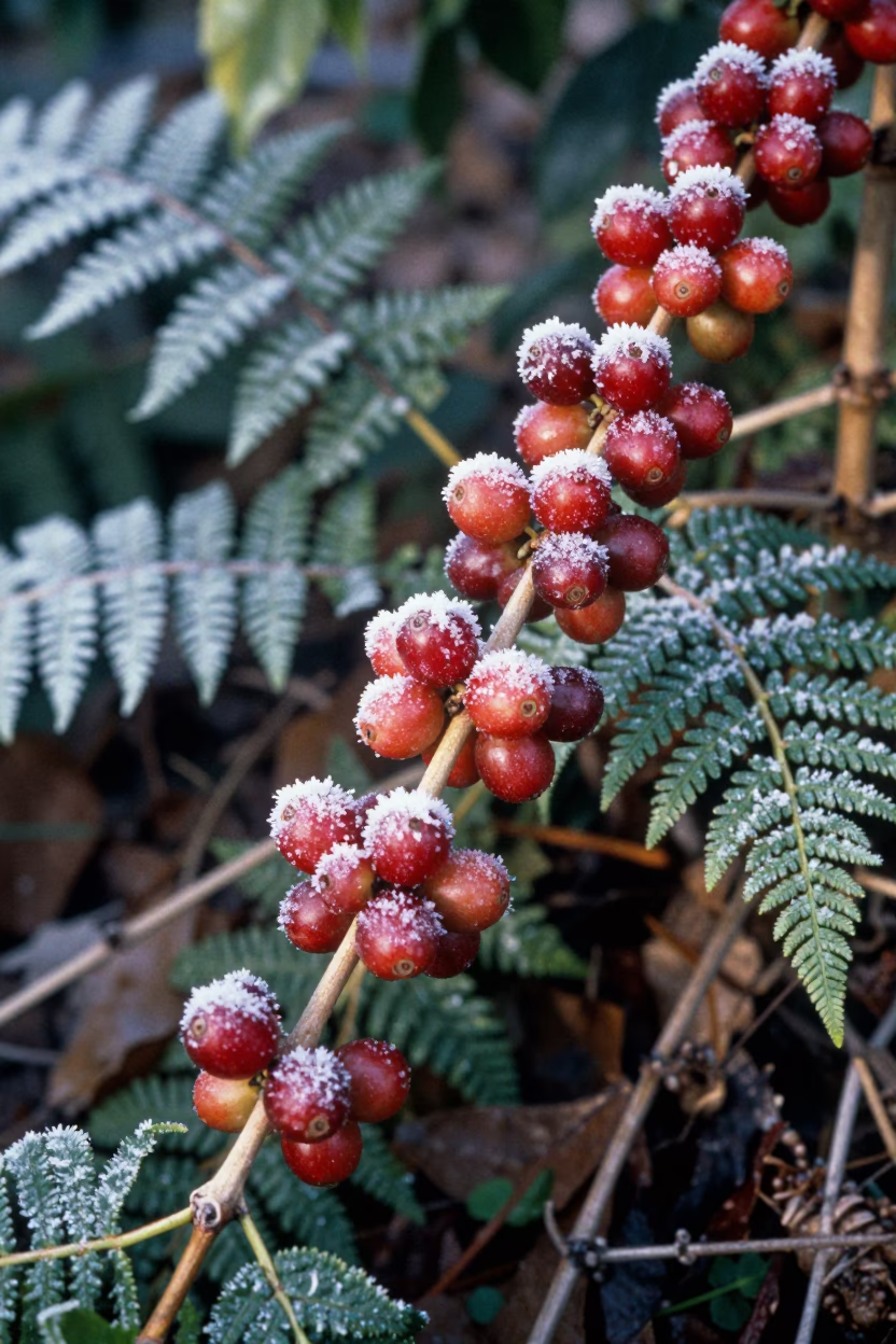 Red Coffee Cherry Branch on Frosty Tuscan Floor in on a fern-lined forest floor in Tuscany
