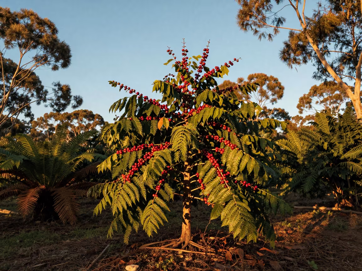 Red Coffee Cherry Branch Sunset Fern Forest in on a fern-lined forest floor near Adelaide