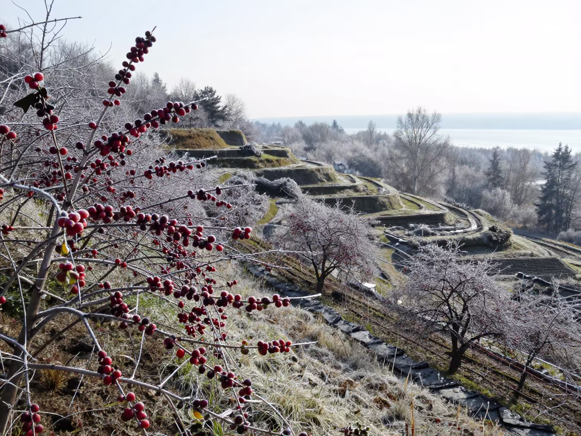 Red Coffee Cherries on Terraced Russian Garden in among terraced garden plots in Russia