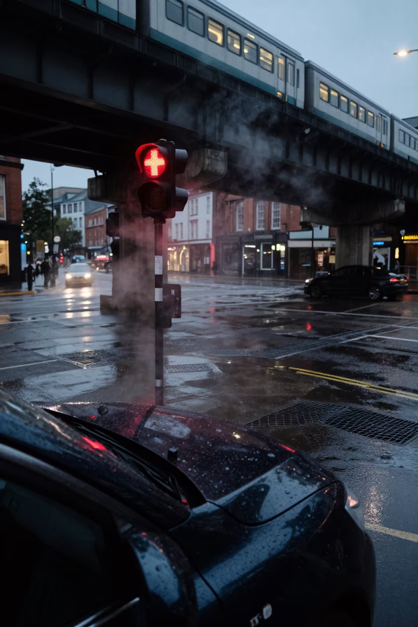 Red Countdown Timer Reflected on Chrome Hood in under an elevated train line in Cardiff