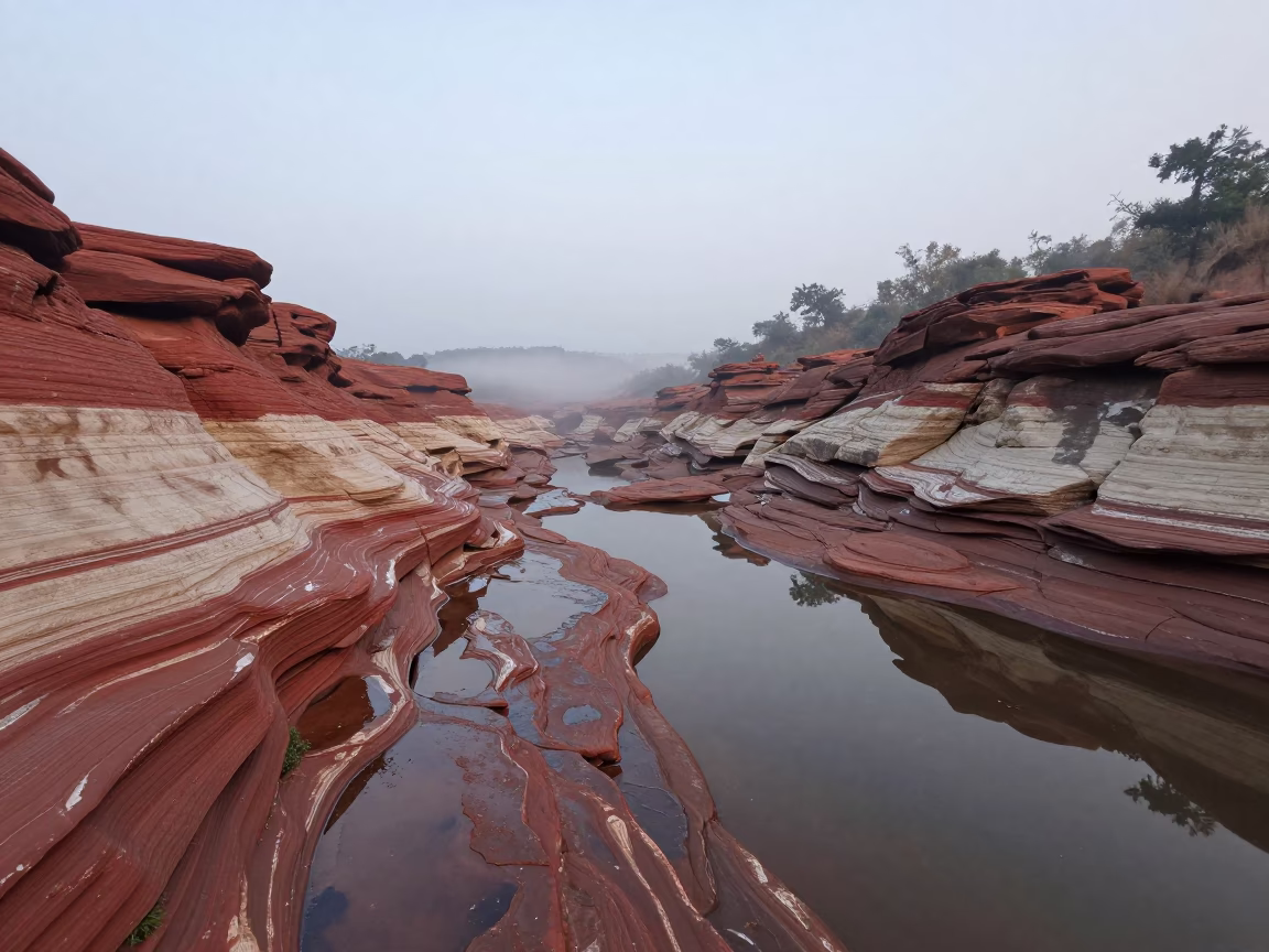 Red and Cream Rock Strata Dawn Valley Hyderabad in across a wide valley floor near Hyderabad