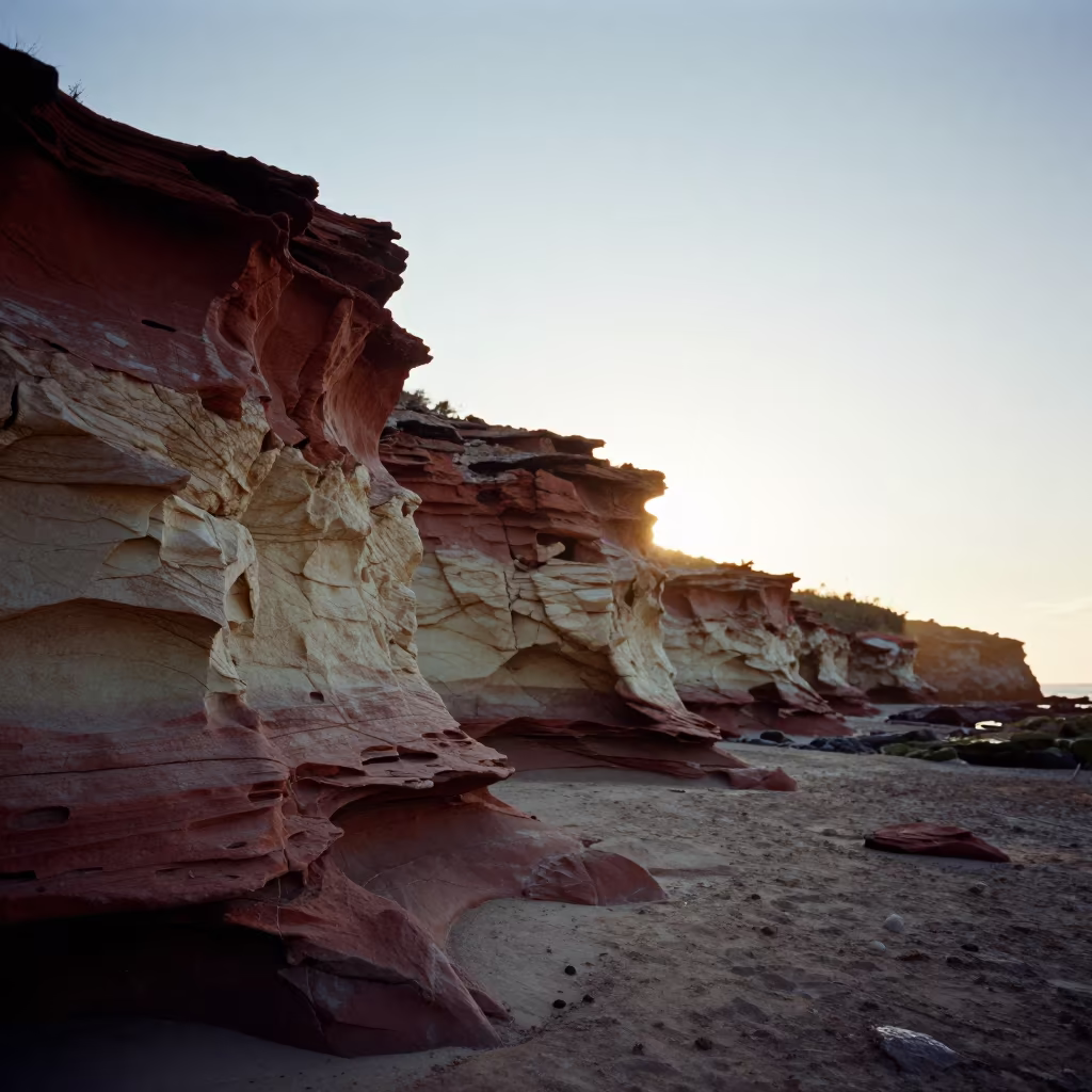 Red and Cream Rock Strata Silhouette in along a wave-cut shoreline in Colombia