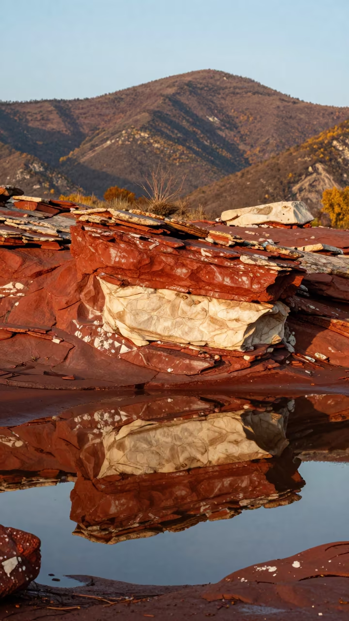 Red and Cream Rock Strata in Urals Drizzle in in the Urals