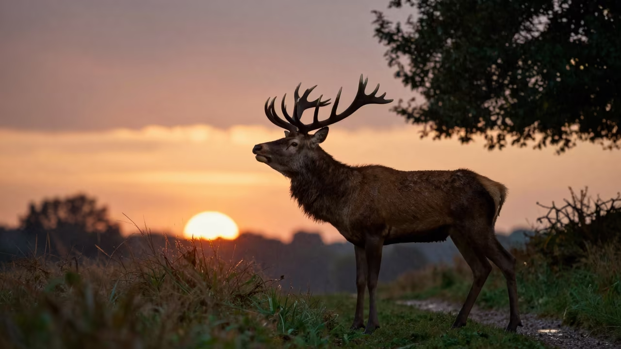 Red Deer Stag Bellowing in Autumn Rain in along a game trail in Ukraine