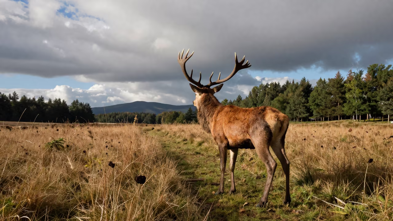 Red Deer Stag Bellowing on Mountain Trail in along a game trail near Ulm