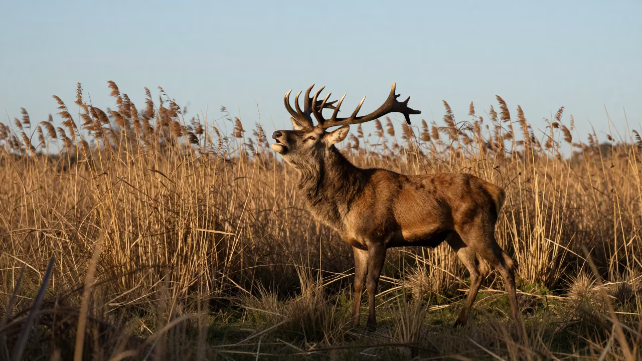 Red Deer Stag Bellowing at Reed Bed Edge in at the edge of a reed bed near Damaturu