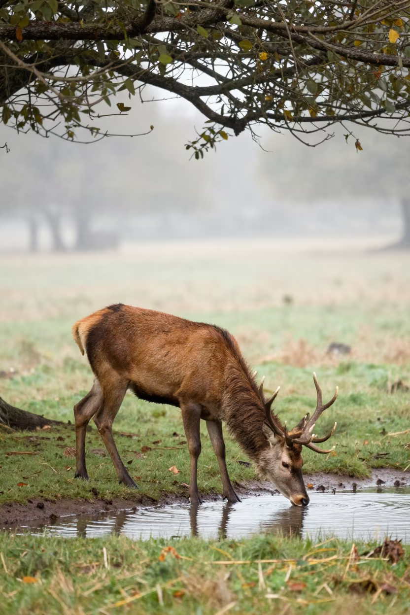 Red Deer Stag Drinking in Early Winter Fog in near Muridke