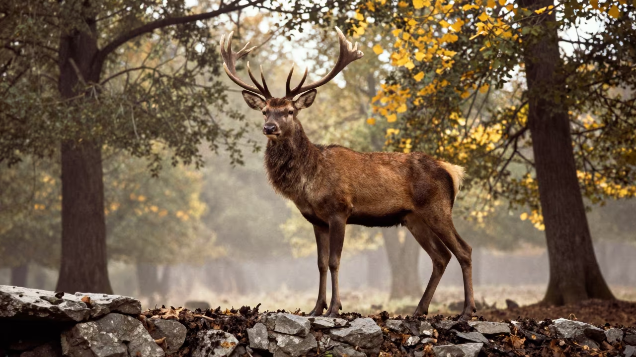 Red Deer Stag on Rock Shelf in Azerbaijani Forest in in Azerbaijan