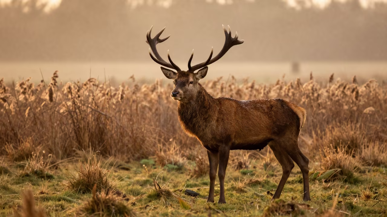 Red Deer Stag in Winter Sunset Meadow in at the edge of a reed bed near Beawar