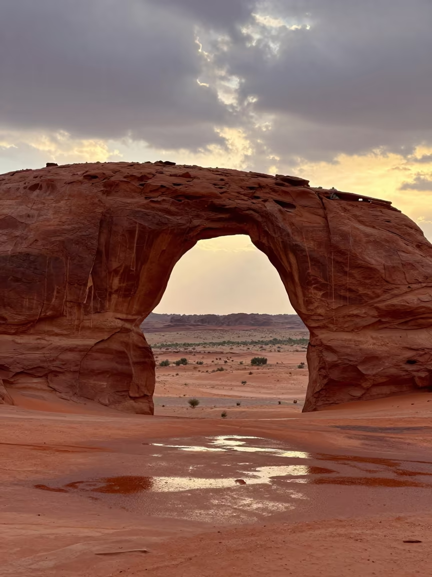 Red Desert Stone Arch Sunset Jeddah Floodplain in across a floodplain after rain near Jeddah