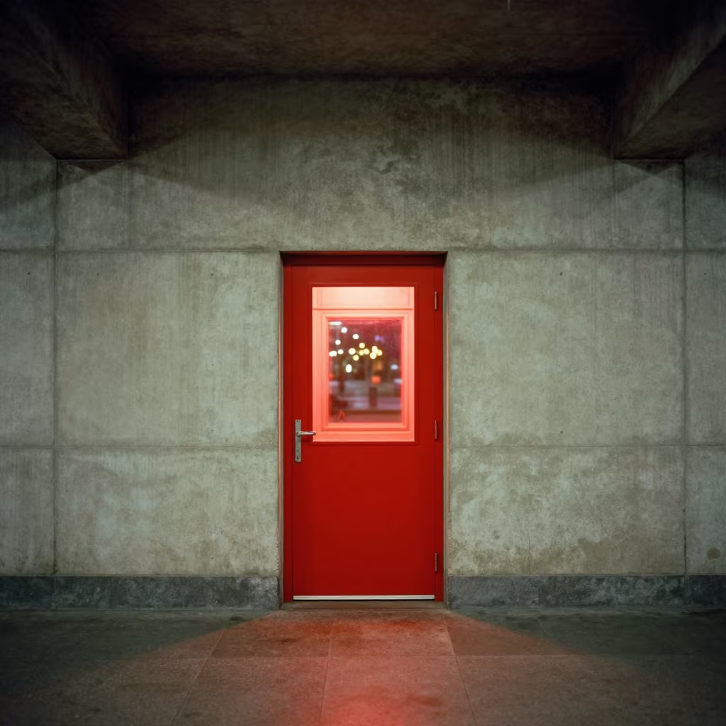 Red Door Concrete Wall Ajaccio Terminal in inside a restored train terminal in Ajaccio