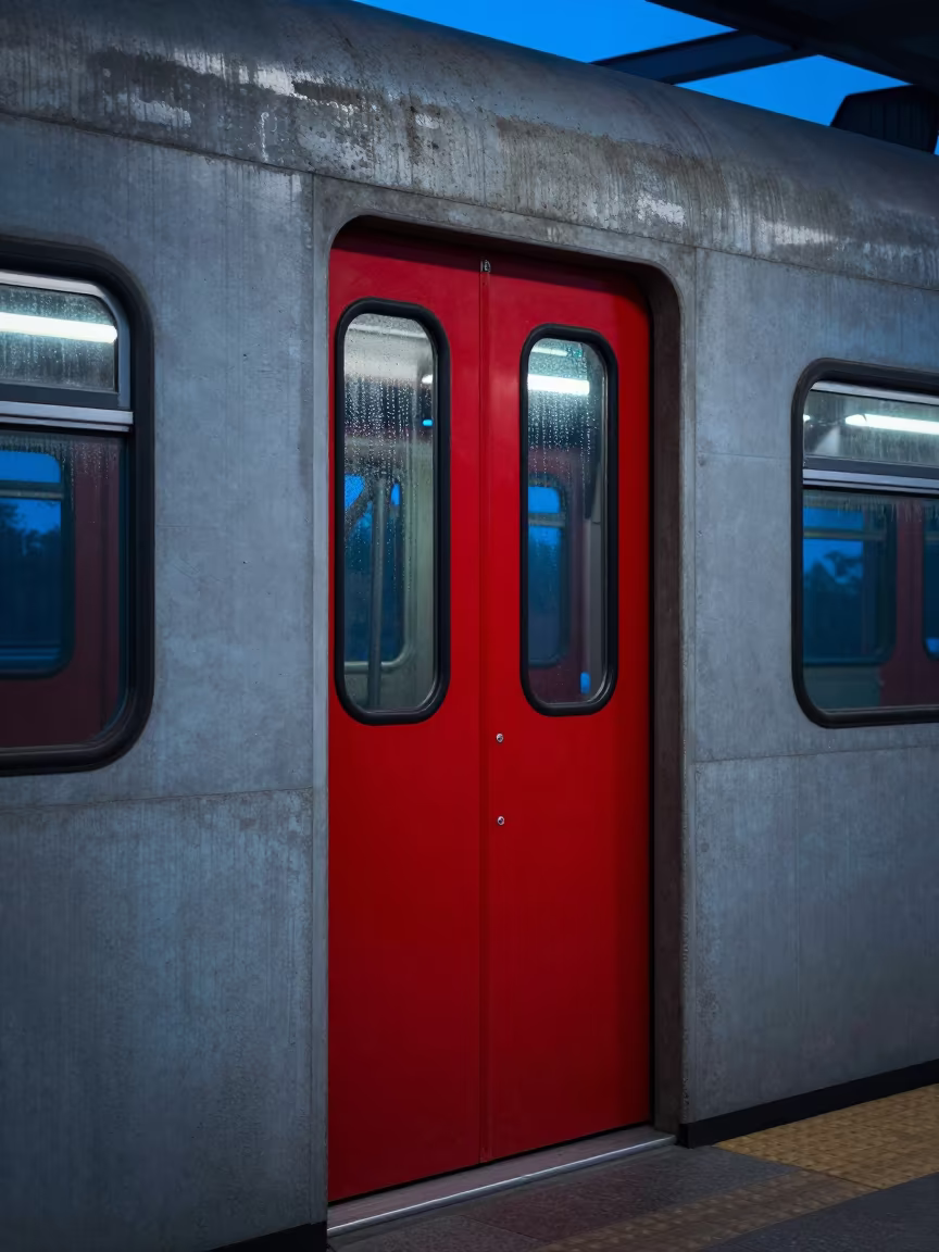 Red Door Concrete Wall Blue Hour Neon in inside a restored train terminal near Mira-Bhayandar