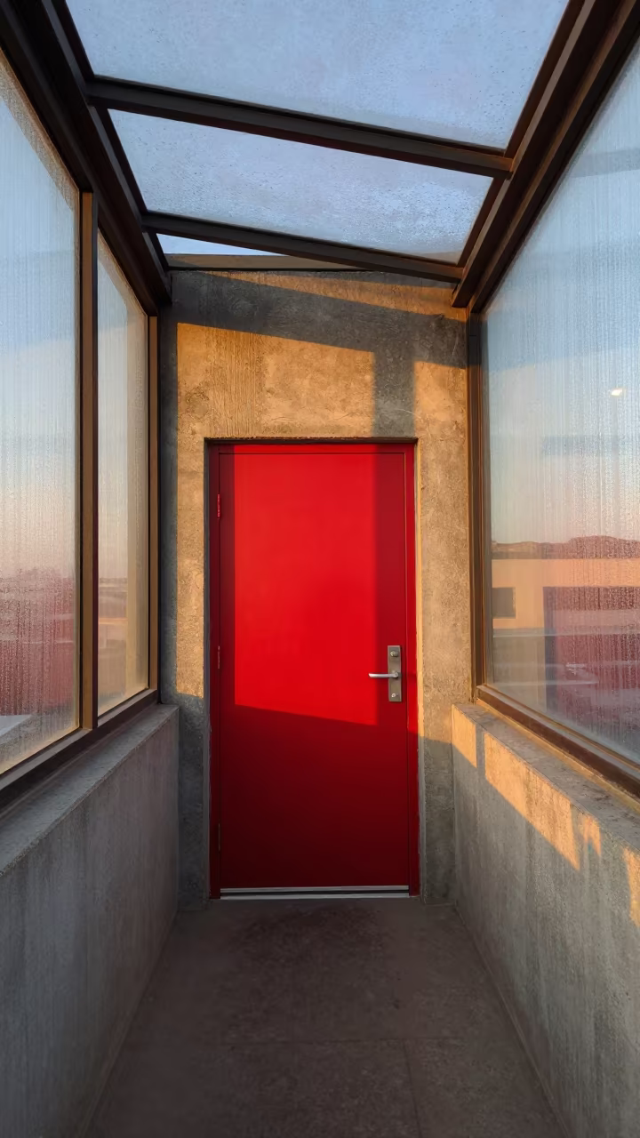 Red Door On Concrete Wall Inside Las Vegas Arcade in inside a glass-roofed arcade in Las Vegas