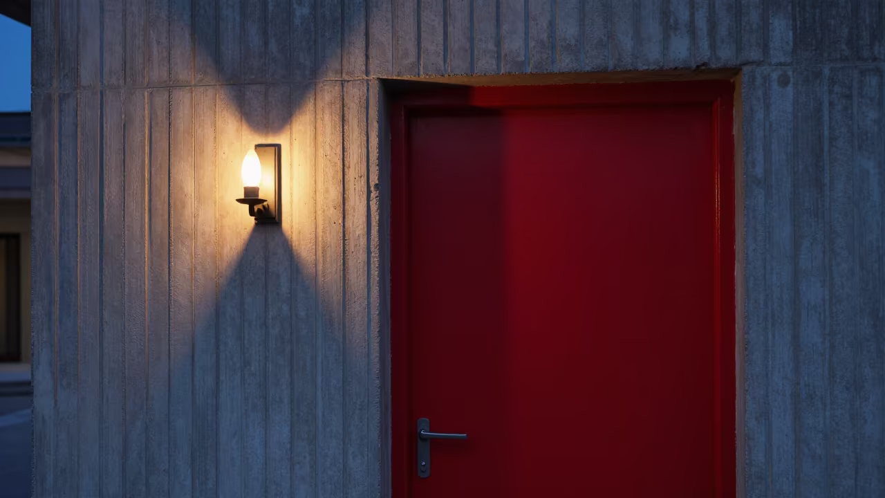 Red Door on Ribbed Concrete Wall Evening in inside a ribbed concrete lobby near La Guaira