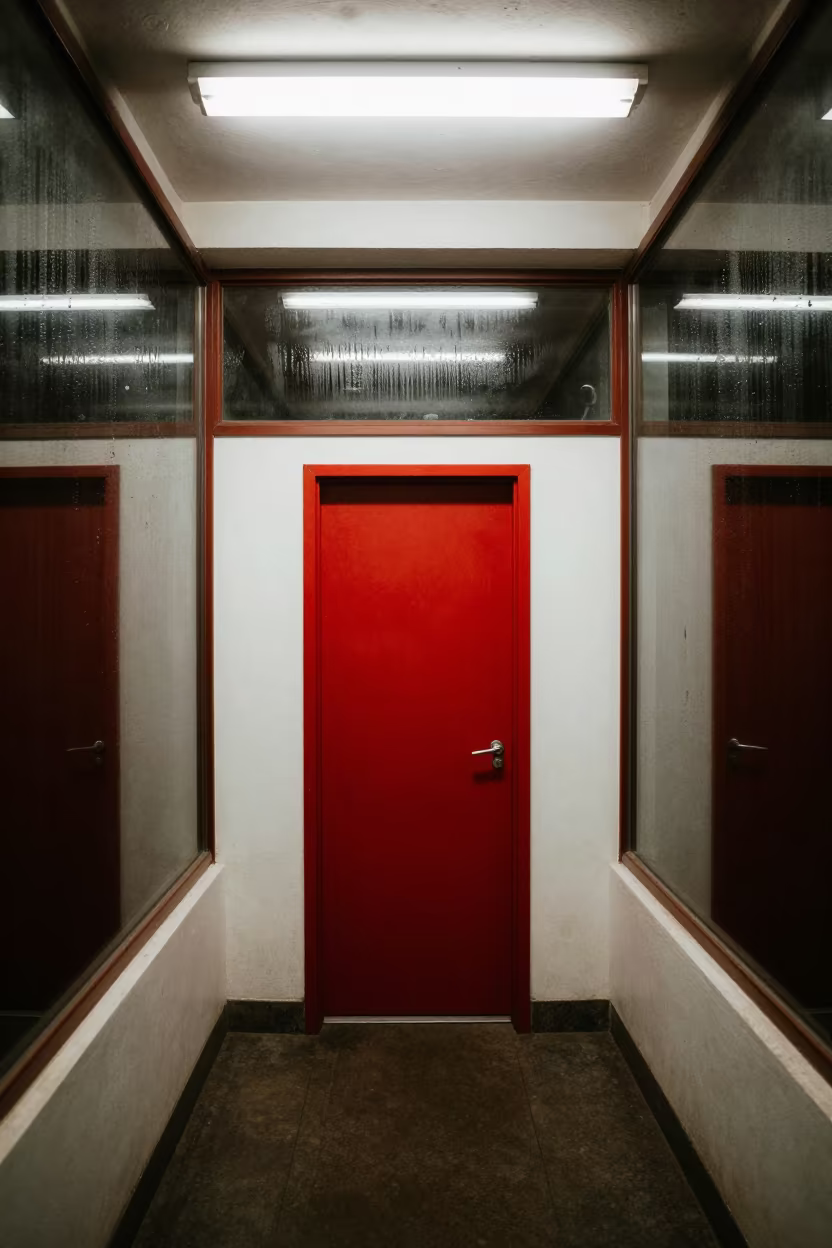 Red Door on White Wall Atrium in inside a vaulted atrium in Safi