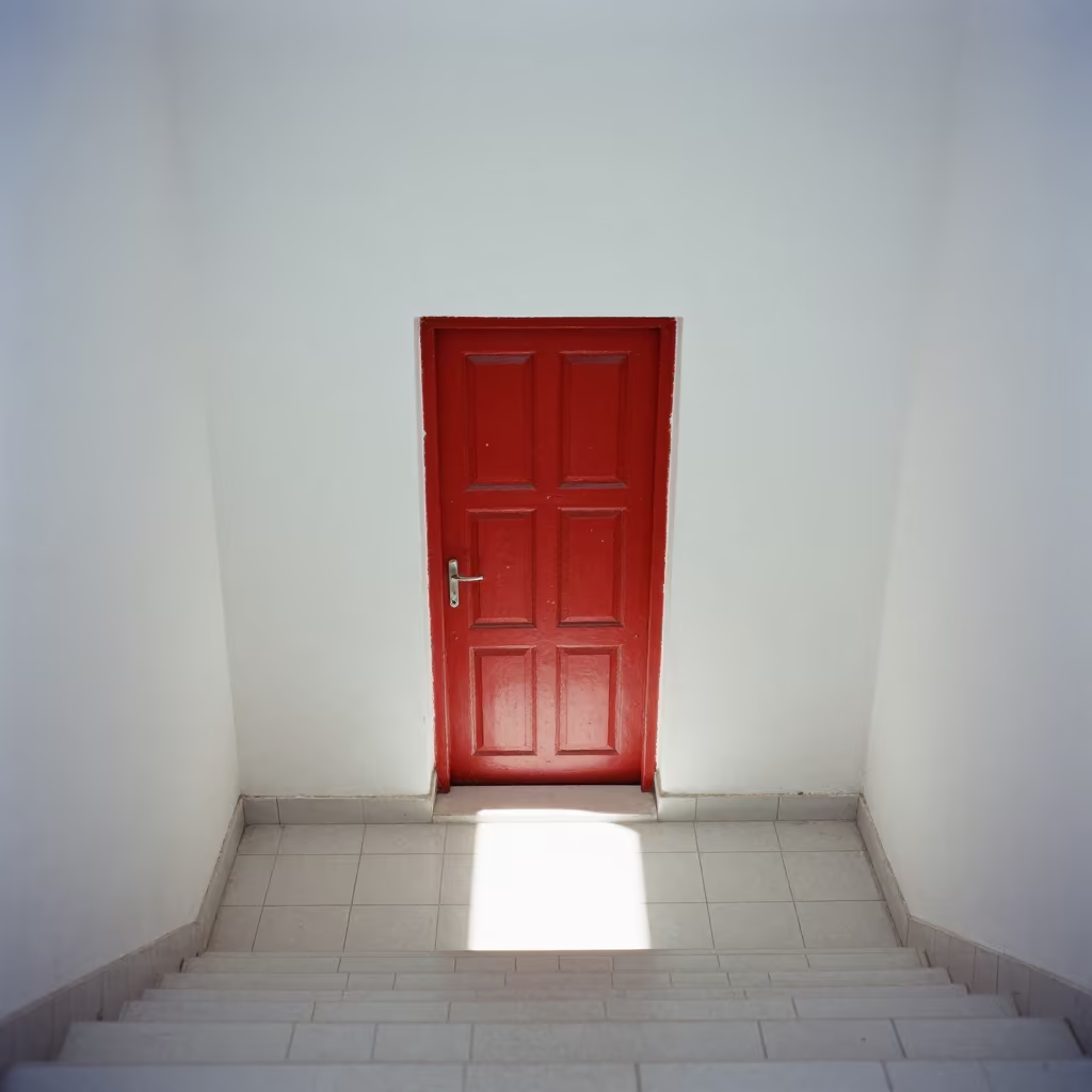 Red Door on White Wall Stair Hall Qena in inside a tiled stair hall in Qena