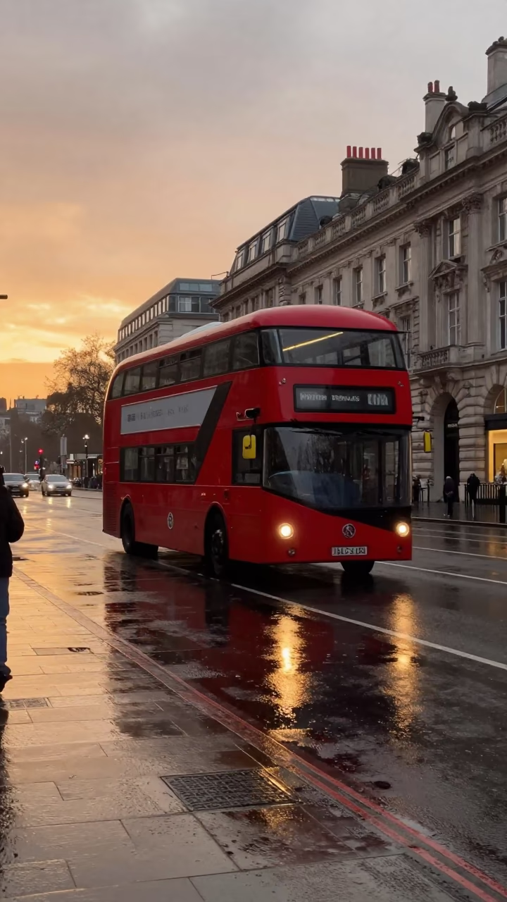 Red Double-Decker Bus on Rainy London Street at Sunset in in London, United Kingdom