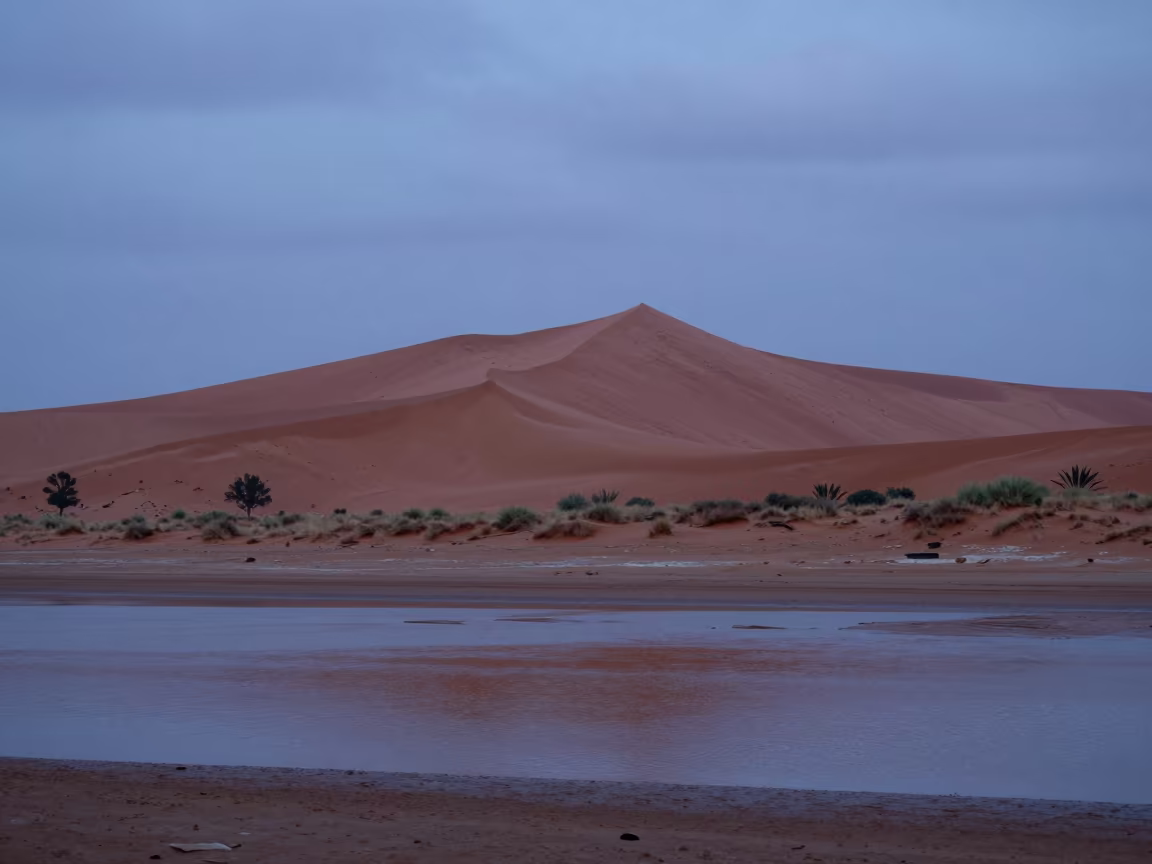 Red Dune Above Floodplain Blue Hour in across a floodplain after rain near Aba