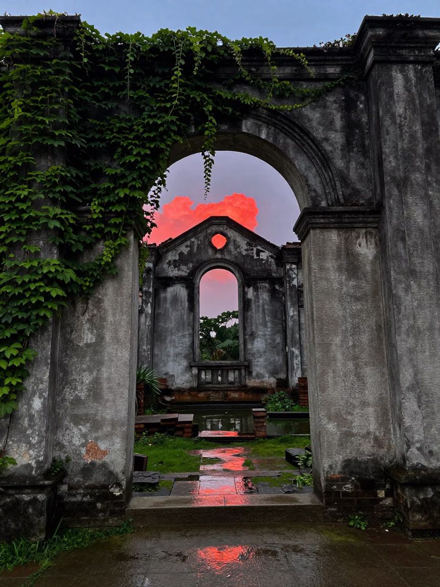 Red Dusk Cloud Through Ivy Ruin Window Guangdong in beside ivy-draped masonry in Guangdong