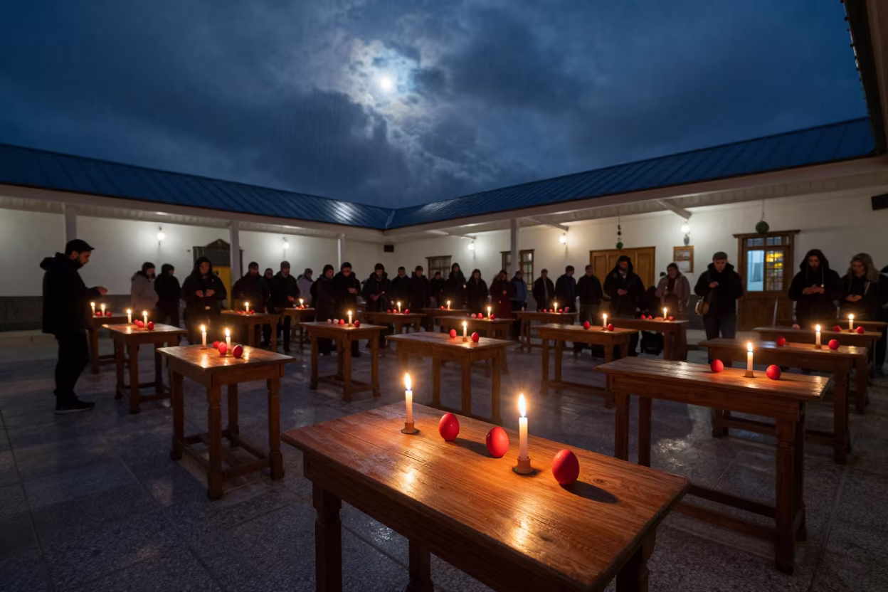 Red Eggs and Candles in Moonlit Prayer Hall in in a prayer hall near Banos