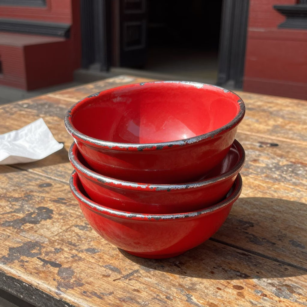 Red Enamel Bowls in Kathmandu in in Kathmandu, Nepal
