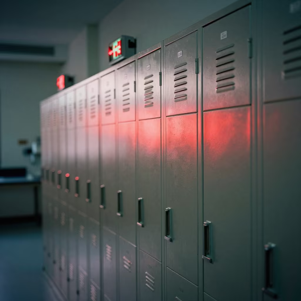 Red Exit Sign Reflection on School Lockers in in a school laboratory in Hongkou, Shanghai