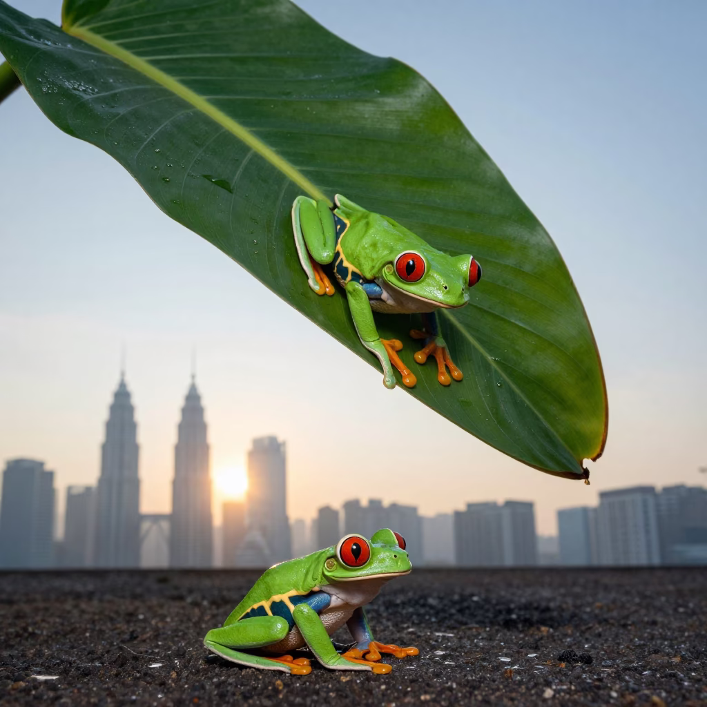 Red-eyed Tree Frog on Heliconia Leaf Near KLCC in near KLCC, Kuala Lumpur
