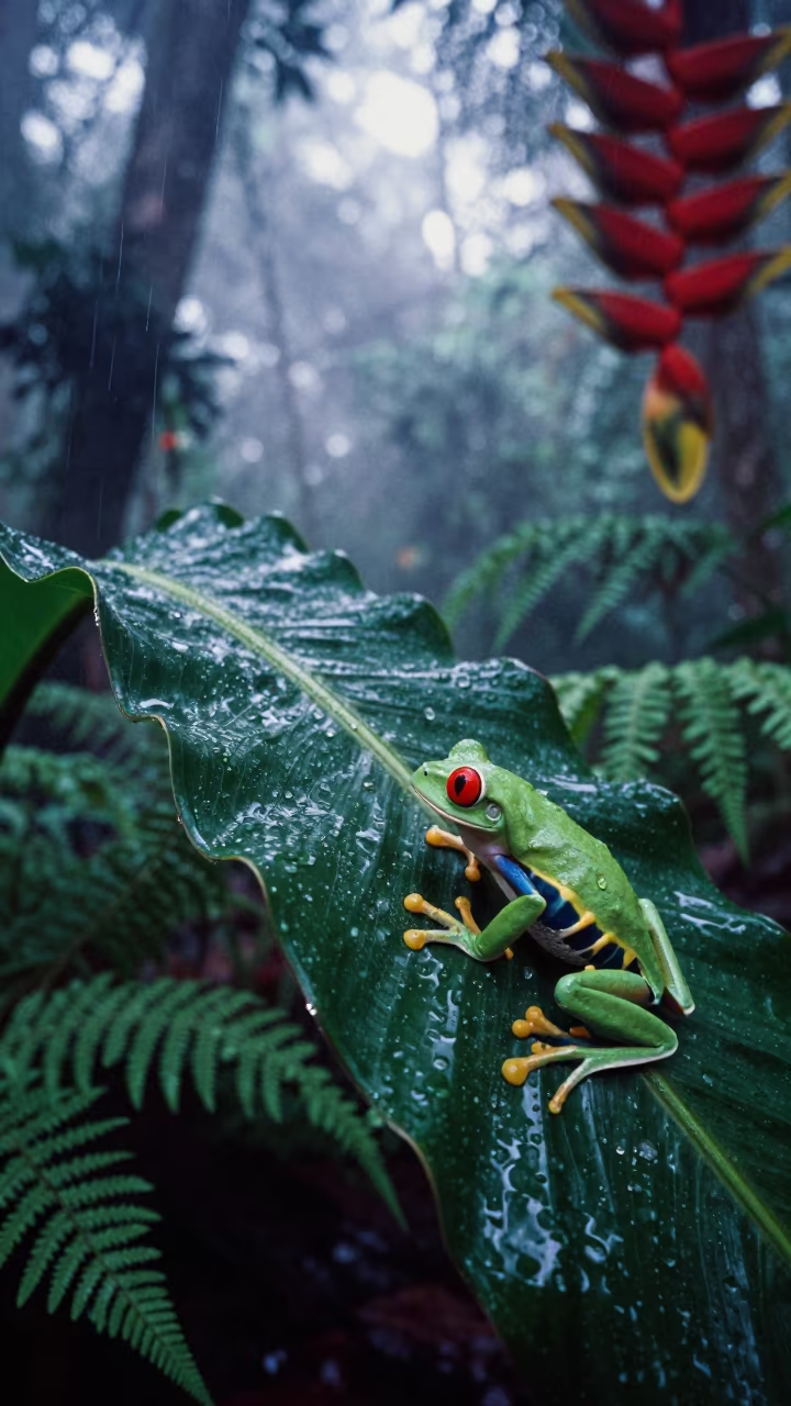 Red-eyed Tree Frog on Heliconia Leaf in on a fern-lined forest floor near Phuket