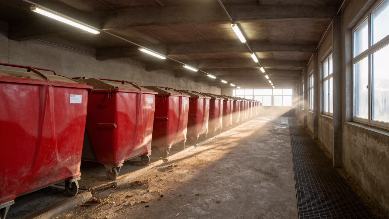 Red Feed Bins in Czech Hog Corridor in in a poultry house aisle in Czech Republic