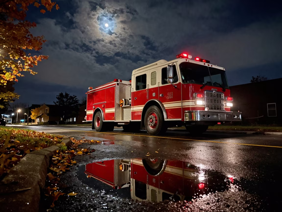 Red Fire Engine Reflected in Rain Puddle Night in along a switchback approach near Minneapolis
