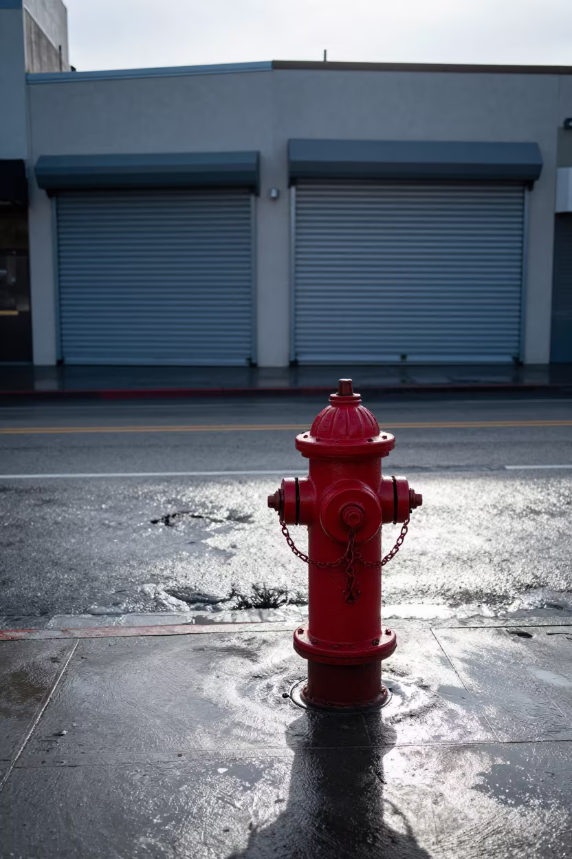 Red Fire Hydrant Dawn Shadow on Wet Pavement in along a shuttered arcade in San Francisco